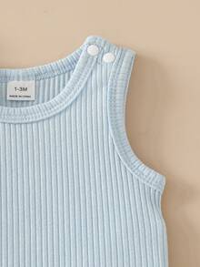 SHEIN Vintaside Kids 3件組嬰兒中性夏季休閒背心連身衣套裝，柔軟棉質，海軍藍、白色、摩卡色、黑色羅紋設計，適合家庭穿搭、度假、旅行與上學 - 藍色 - 查看 3