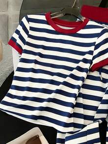 Regular Fit Crew Neck Short Sleeve T-Shirt + Straight Leg Pants With Slant Pockets - Multicolor - View 3