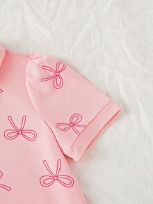 1pc Girls Ruffled Hem Butterfly Print Polo Collar Puff Sleeve Casual Beach Dress, Sweet & Fashionable - Pink - View 3