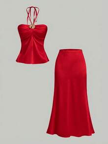 SHEIN MOD Bộ đồ 2 mảnh gợi cảm dành cho nữ, gồm áo hai dây buộc cổ xếp ly và chân váy ngắn, phối màu trơn, trang trí kim loại, thích hợp cho buổi hẹn hò lãng mạn. - Đỏ - Xem 11