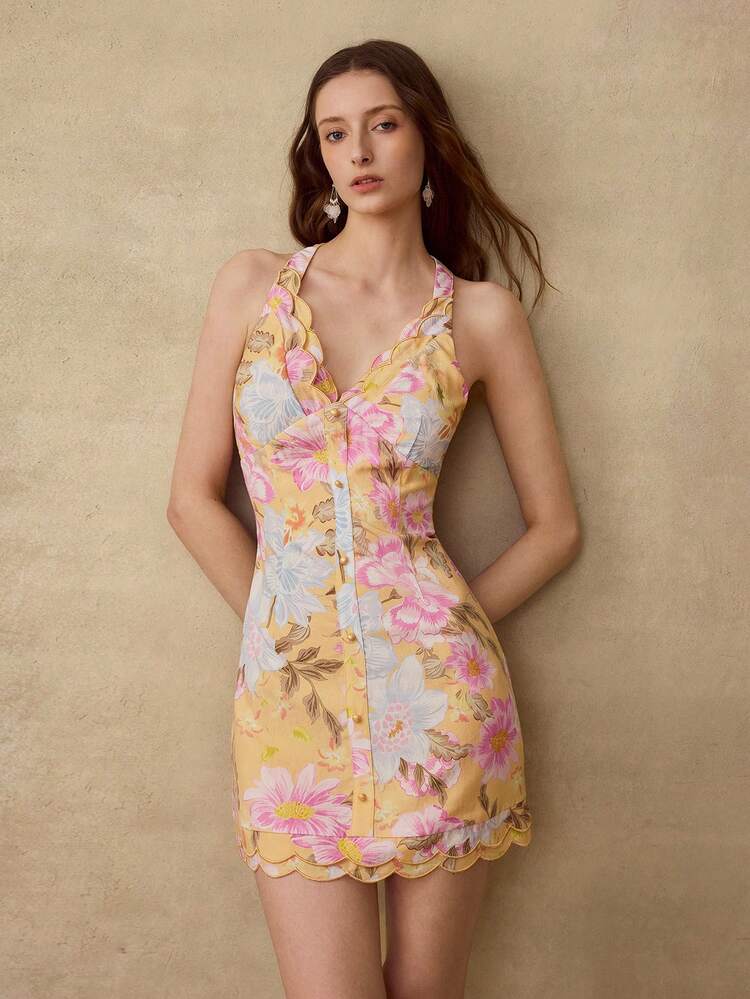 WOMEN'S LINEN PRINTED & EMBROIDERED HEM DRESS, SPRING/SUMMER