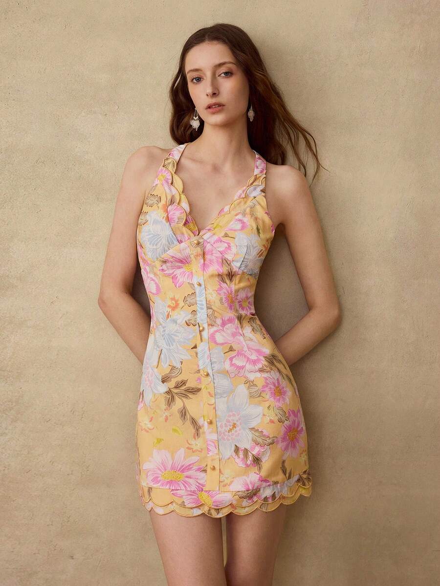 MOTF PREMIUM WOMEN'S LINEN PRINTED & EMBROIDERED HEM DRESS, SPRING/SUMMER - Coral Orange - View 1