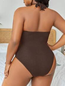 Slaydiva Traje de baño de una sola pieza de talla grande con sujetador de cuello para la playa de verano - Café integral - Ver 3