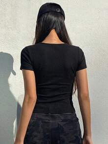 DAZY 女士纯色圆领短袖修身休闲罗纹T恤 夏季 - 黑色 - 查看 6