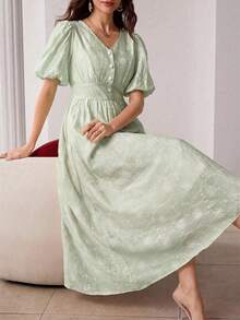Modelyn V-Neck Petal Sleeve Jacquard Front Button Dress - Green - View 6