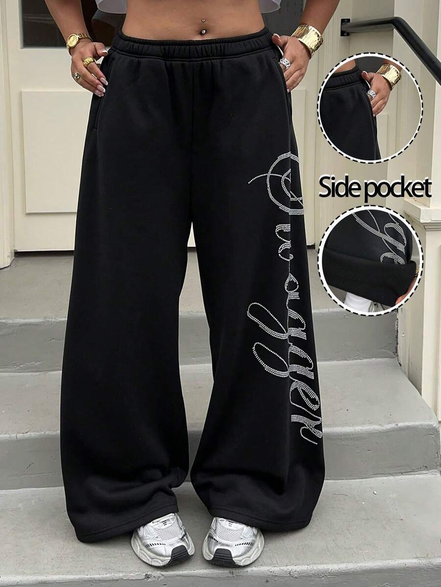 Muchica Plus Size Women Letter Rhinestone Graphic Casual Versatile Daily Wear Wide Leg Pants - Black - View 1