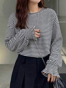 FRIFUL Kaos Lengan Panjang Bergaris Kasual Wanita, Musim Semi/Musim Gugur - Hitam dan Putih - View 2