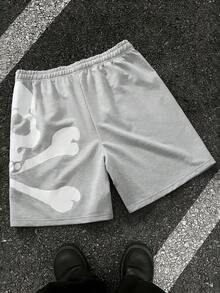 PAVTROS Pantalones cortos con estampado de calavera, estampado de letras, cordón, cintura elástica, estilo urbano para hombres - Gris - Ver 2