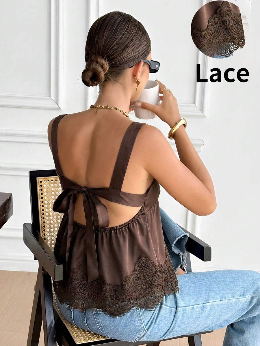 Serisse Áo kiểu nữ xếp ly, phối ren, buộc dây sau lưng, phong cách thường ngày đa năng, thích hợp cho hẹn hò và đi chơi. - màu nâu - Xem 1