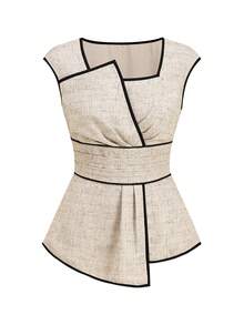 Ellevyn Women's Asymmetric Hem Shirt And Pants Casual 2 Pieces Set,Work Outfits For Women Summer Apricot Retro Color Block Shirt And Trousers Women's Suit - Versatile, Elegant, Retro, Romantic, Perfect For Vacations, Office, And Professional Attire Elegant Outfit For Women Chic Outfit Summer Outfit Womens Jumpsuit Wide-Leg Trousers   Elegant Women's Set   Country Style Women's Two-Piece Set   Office Wear For Women Office Outfits For Women Brunch Women Outfit Pinterest Outfit Elegant Summer Outfit Outfit - Apricot - View 8