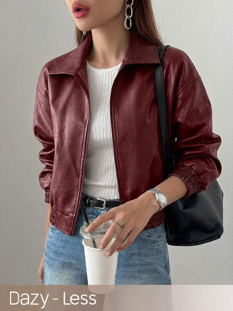 DAZY Áo khoác da vintage mùa xuân mới, kiểu ngắn, dáng suông, phù hợp cho nữ, áo khoác ngoài cho ngày Valentine. - Màu Đỏ Sâu - Xem 1