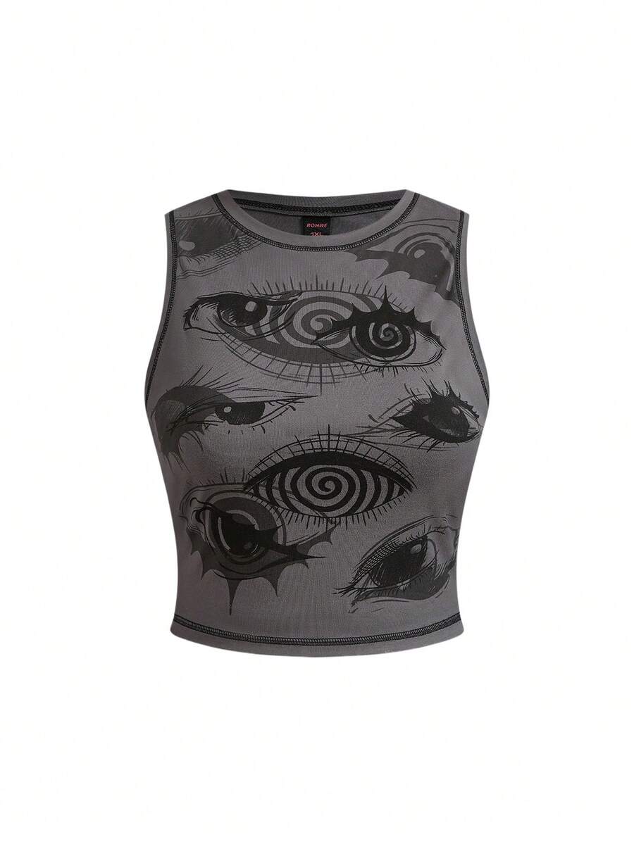 ROMWE Grunge Punk Áo tank top in họa tiết dành cho nữ cỡ lớn - Xám - Xem 1