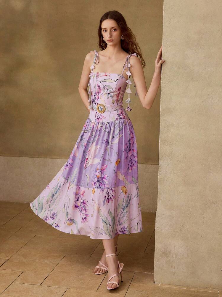 WOMEN'S CONTRAST COLOR FLORAL PRINTED LINEN DRESS, SPRING/SUMMER