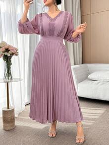 Modelyn Plus Size Elegant Commuter Solid Color Lace Trim Pleated Dress Pleated Skirt - Purple - View 8