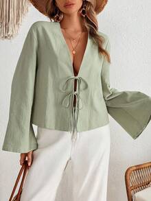 INAWLY Áo sơ mi nữ tay loe buộc trước màu trơn thường ngày đi nghỉ cho nữ - xanh quân đội - Xem 5