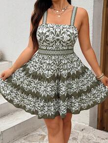Sunnyshic Đầm dài đến đầu gối, cỡ lớn, cổ vuông, không tay, dây đeo, thanh lịch, kiểu retro, dễ thương, thường ngày, thích hợp cho kỳ nghỉ, với họa tiết hoa và hình học. - màu xanh lá - Xem 4