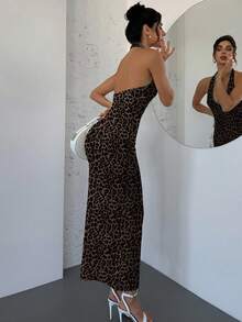 Firerie Gaun Bodycon Model Halter Leher V Dalam Motif Leopard, Cocok untuk Pesta Malam, Koktail, Makan Malam, Kencan, Kotak-kotak Cokelat, Musim Panas, Kasual, Pantai, Liburan, Hari Raya - MultiWarna - View 4