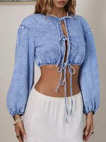 Sunnyshic Áo khoác denim dài tay dáng lửng cổ tròn thắt nơ phía trước dành cho nữ, kiểu dáng thường ngày. - Màu xanh lam - Xem 6