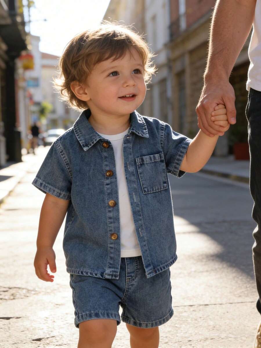 SHEIN Bộ quần áo denim thường ngày 2 món cho bé trai, hàng mới về mùa hè, kiểu dáng thoải mái và dễ thương, chất liệu denim xanh đậm đã qua xử lý, thích hợp cho kỳ nghỉ hè, thiết kế cổ áo ve lật cổ điển + tay ngắn, dáng rộng, eo chun co giãn tạo sự thoải mái và tiện lợi. Chất liệu denim cotton mềm mại, đa năng cho sinh hoạt hàng ngày, thích hợp cho kỳ nghỉ hè, lễ hội âm nhạc, dạo chơi, tụ họp, tiệc tùng, đi làm, v.v.