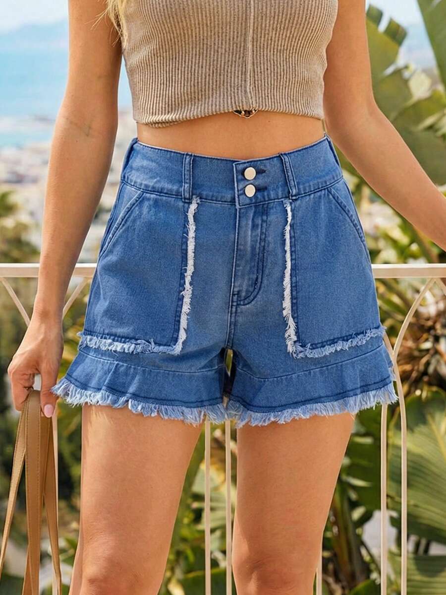 Breezaya Quần short denim dáng rộng cạp cao, viền thô, túi xéo, phong cách thường ngày mùa hè dành cho nữ, kiểu dáng đường phố, thích hợp đi nghỉ mát.