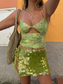 Aloruh Women's Sexy Backless Sequin Strap Camisole For Resort Wear, Spring/Summer - Green - View 1