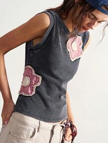 Bohemela Casual Knit Patchwork Round Neck Sleeveless Fitted Washed Tank Top For Women Everyday Grey Summer - Black - View 6