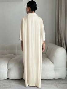 Yasmyna Vestido maxi con decoración de strass estilo turco y abaya tradicional árabe para mujer - Albaricoque - Ver 2