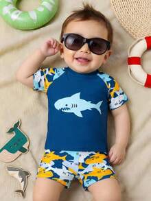 Baby Boy Cartoon Beach Print Raglan Short Sleeve Shorts Swimsuit Set - Blue - View 8