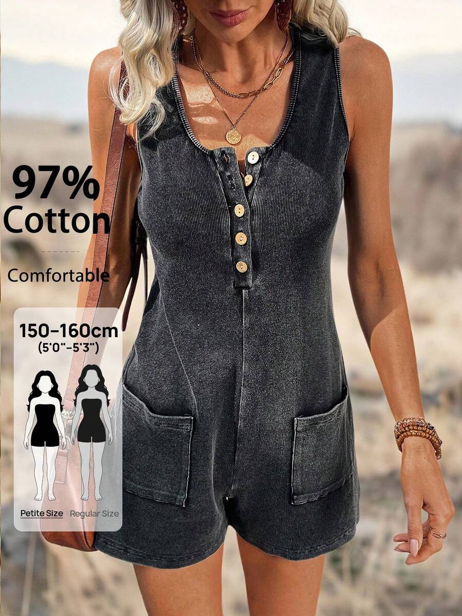 SHEIN LUNE Petite Women's Solid Color Minimalist Sleeveless Button Decor Jumpsuit, Casual Everyday Wear, Petite Dark Grey Summer Vacation - Black - View 1