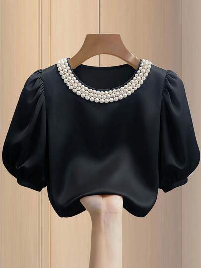 Franclia بلوزة نسائية أنيقة من الساتان بلون أحادي مزينة بالخرز، أكمام قصيرة، مناسبة للربيع والصيف