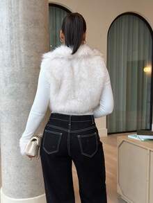 LHSEPT 秋冬时尚街头风格白色仿皮草拉链长袖女夹克 - 白色 - 查看 2