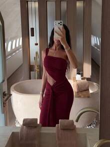 Vowa Đầm dạ hội sang trọng màu kem bằng satin, lệch vai, cổ lông mi, eo nhún bèo, vạt đuôi cá, thích hợp cho các lễ hội, đám cưới, dạ tiệc, hòa nhạc, sự kiện kinh doanh, hoạt động của người nổi tiếng (dành cho người lớn). - Đỏ - Xem 5