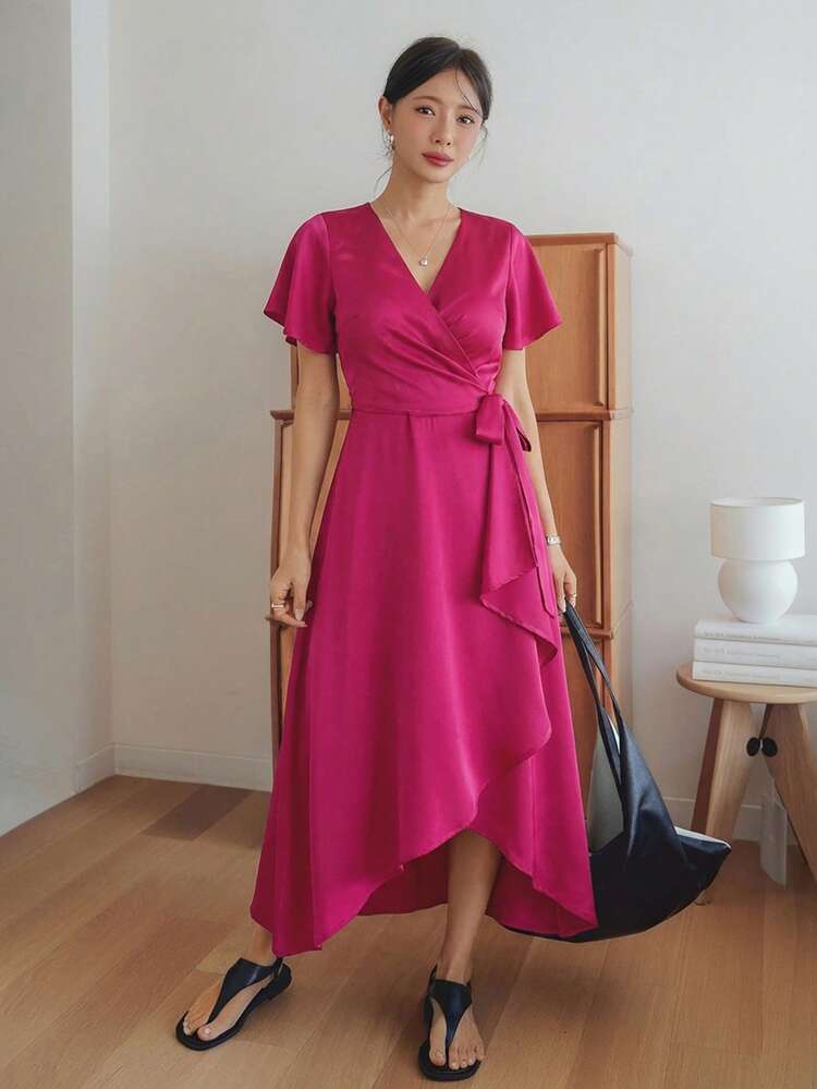 Satin Satin Elegant Long Wrap Dress, Suitable For Valentine's Day, Wedding, Party, Formal Occasions, Fashion, Slim Fit, Commute, Spring/Summer Sundress