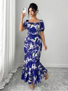 Elenzga Women's New Square Neck Printed Puff Sleeve Dress, With Fish Tail Hem And Ruffle Trim, Elegant Design Suitable For Casual Daily And Holiday Wear - Blue - View 3
