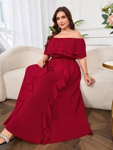 Ellevyn Plus Size Women's Elegant Red Satin Flowing Dress,Off-Shoulder Ruffle Patchwork Summer Party Outfits,Suitable For Weddings,Formal Occasions & Carnival - Red - View 7