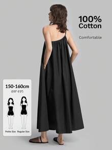 Ontre Petite Đầm nữ mùa hè 2026 dáng rộng, màu đen trơn, thiết kế bất đối xứng, phù hợp cho cả hoạt động ngoài trời và công sở. - màu đen - Xem 4