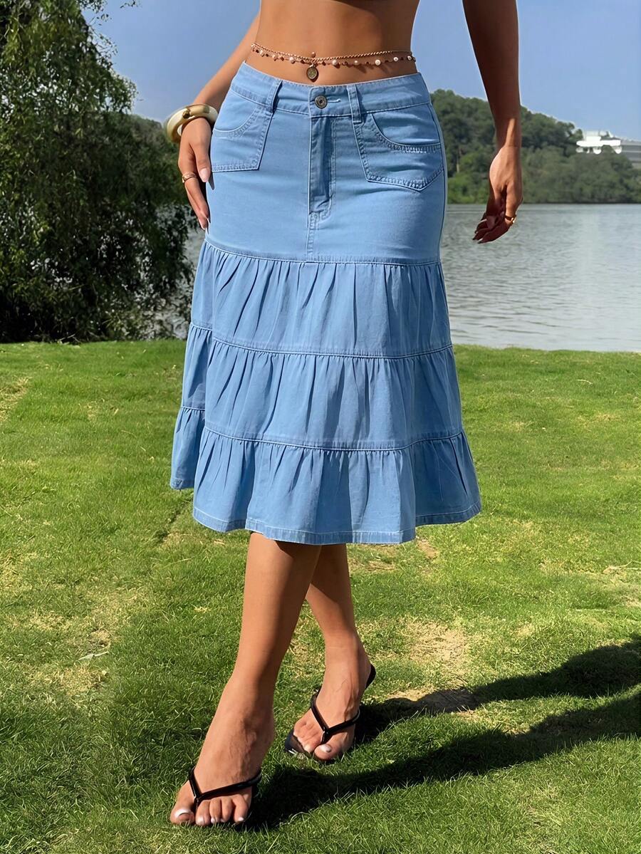 Sunnyshic Chân váy denim nữ xếp ly có túi, cài nút, kiểu dáng thường ngày, đa năng. - Màu xanh lam - Xem 1