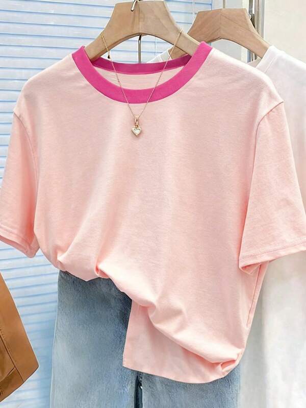 SHEIN 复古彩色条纹女式短袖T恤，休闲圆领宽松版型，大码夏季T恤