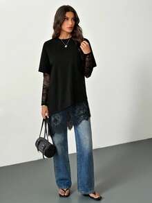 SHEIN Tall 这款连衣裙采用蕾丝袖和下摆设计，非常适合冬季或圣诞节聚会叠穿。宽松的版型搭配优雅的蕾丝细节，使这款女式连衣裙能够轻松从日常穿着过渡到晚宴或新年装扮。 - 黑色 - 查看 8