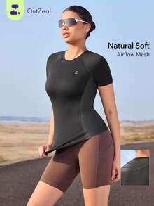 OutZeal Women Outdoor Tees Gym Wear Workout Soft Stretch Back Mesh Round Neck Short Sleeve Outdoor Tops - Grey - View 1