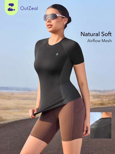 OutZeal Women Outdoor Tees Gym Wear Workout Soft Stretch Back Mesh Round Neck Short Sleeve Outdoor Tops
