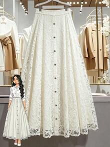 GlowEve CURVE 大码女式蕾丝 A 字裙，优雅通勤简约时尚EleganttSkirtt - 杏色 - 查看 1