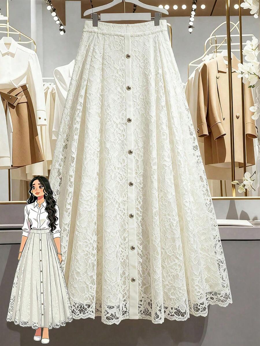 GlowEve CURVE 大码女式蕾丝 A 字裙，优雅通勤简约时尚EleganttSkirtt - 杏色 - 查看 1