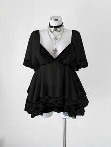 Sunspun New Arrival Sweet Elegant Going Out Tops, Bow Accent, Chiffon & Contrast Lace, Waist Cinching, Ruffle Hem Cropped Blouse - Black - View 3