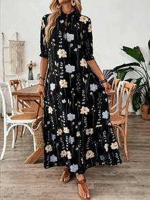 Vestido casual y elegante de cuello en V con estampado, volantes en el bajo y cordón ajustable para vacaciones - Multicolor - Ver 5
