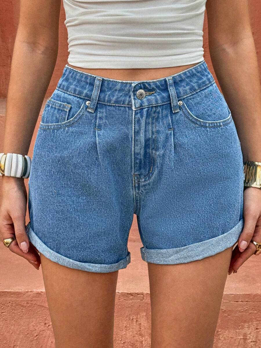 Selianne 女士休闲日常口袋纽扣牛仔短裤 - 藍色 - 查看 1