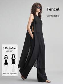 Ontre Petite Áo tank top dài màu đen trơn dáng rộng mùa hè 2026 dành cho nữ, có xẻ tà và cài cúc, phù hợp cho giáo viên và mặc đi club. - màu đen - Xem 1