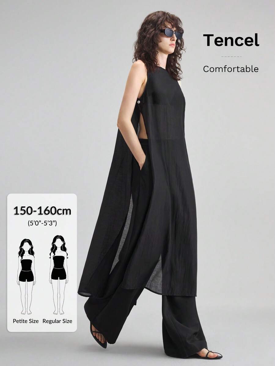 Ontre Petite Áo tank top dài màu đen trơn dáng rộng mùa hè 2026 dành cho nữ, có xẻ tà và cài cúc, phù hợp cho giáo viên và mặc đi club. - màu đen - Xem 1