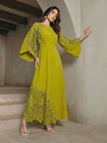 Anewsta Đầm cánh dơi phối ren thanh lịch dành cho nữ, mẫu Xuân/Hè mới. - Màu xanh Ô liu - Xem 6