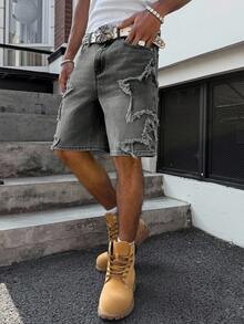 Manfinity EMRG Men's American Hip Hop Streetwear Star Patch Distressed Wide Leg Pants - Grey - View 3